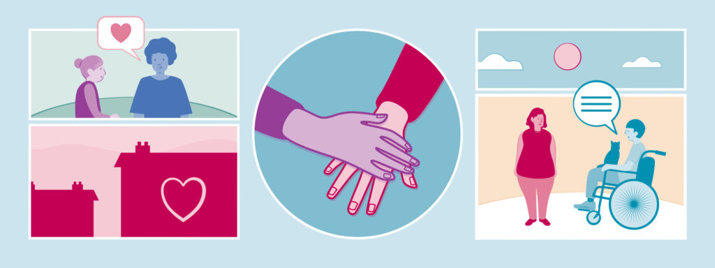 Image with two interlinked hands and two sets of people talking to each other