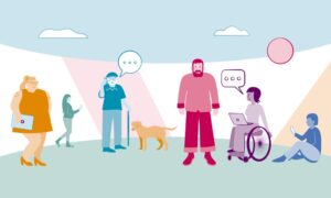 Graphic with a group of people of all ages walking, talking, sitting down and being