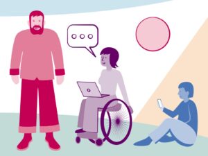 Image showing a man, a woman in a wheelchair and a woman sitting down on her phone talking to talking together.