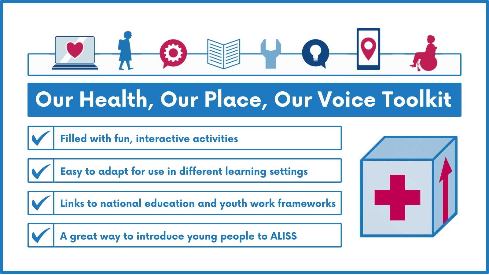 Blue and white graphic for Our Health, Our Place, Our Voice toolkit. Text is divided into four boxes and reads: Filled with fun, interactive activities. Easy to adapt for use in different learning settings. Links to national education and youth work frameworks. A great way to introduce young people to ALISS.