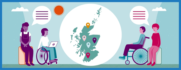 Graphic of four people, including two wheelchair users, looking at a map of Scotland.