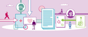 Graphic image of cartoon people and documents.