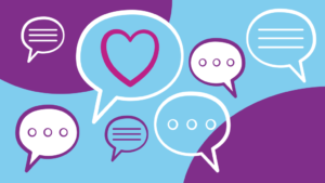 A graphic of a range of speech bubbles on a purple and blue background.