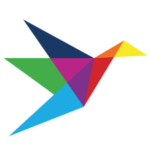 A multicoloured graphical bird made up of triangles.