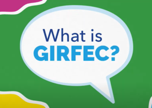 A graphic of a speech bubble on a green background with the words 'What is GIRFEC?'