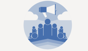 a circular graphic with a megaphone coming from a line of figures.