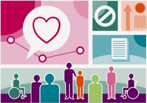 An image with several graphics showing a heart, people, a report and an upward arrow.