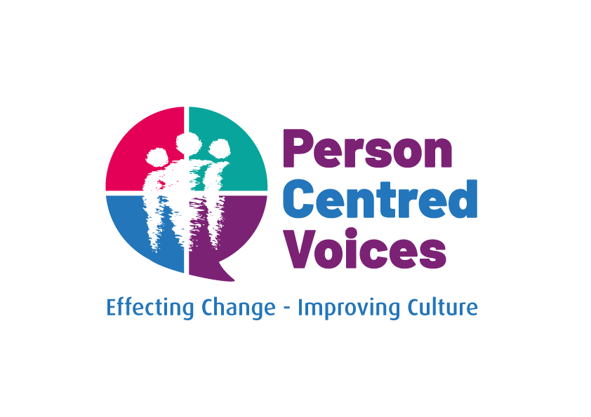 Person Centred Voices Logo with speech bubble and 3 people in the middle.