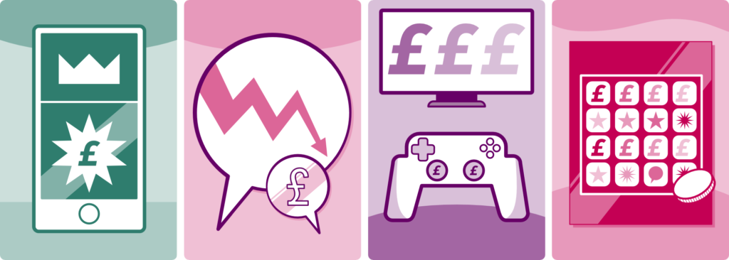 4 squares. first square shows a smartphone with £ sign. second square is a speech bubble with declining arrow and £ sign. third square is a game console with £ signs above it and fourth square is a slot machine with £ signs