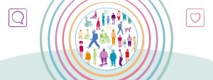 Graphic with various cartoon people walking around in a circles.