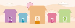people in different coloured houses