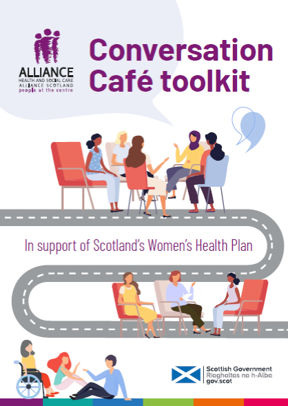 Front cover of Conversation Cafe toolkit. Image shows groups of women in chairs chatting in circles and small groups