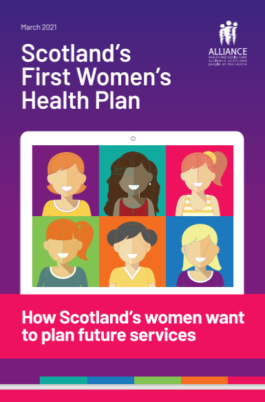 Front cover of report. A laptop screen with silhouettes of different women within squares on the screen.