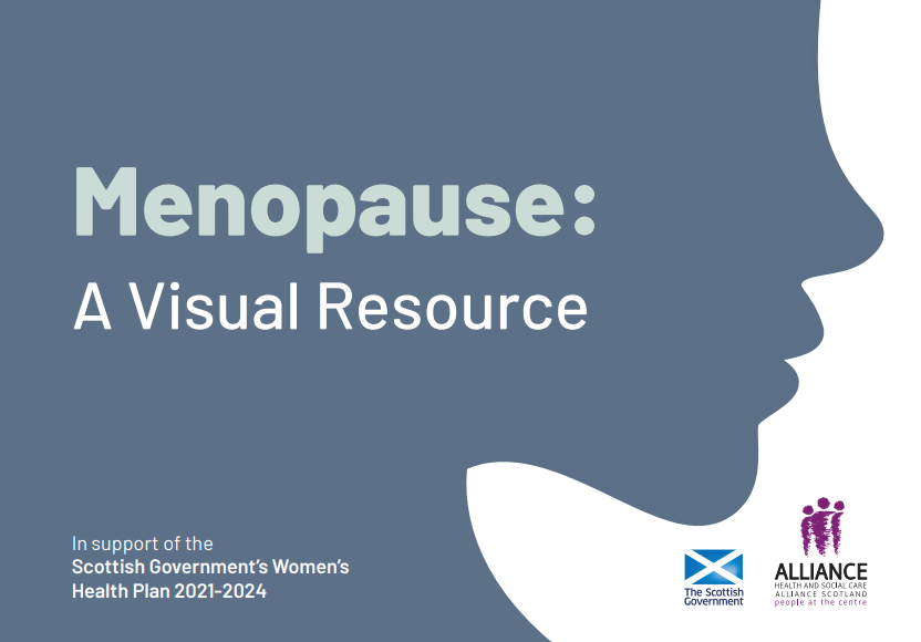 Front cover of resource. Text on left reads Menopause: A visual resource. There is a blue silhouette of a side profile of a woman's face.