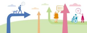 A series of upward arrows with people walking along them.