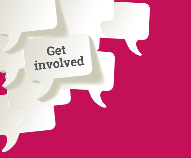White speech bubbles set against a red background. One contains the caption 'Get involved'.