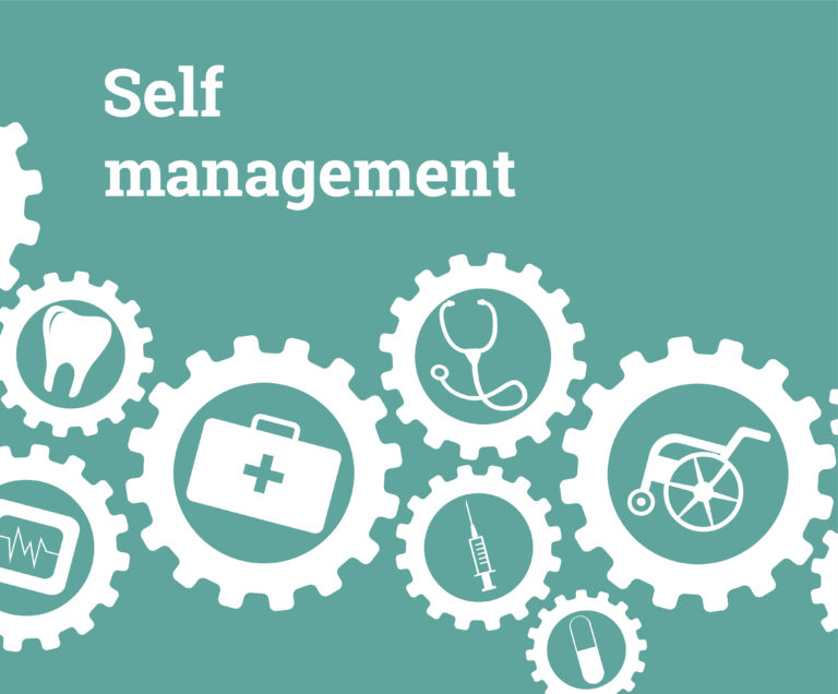 The words Self Management above a series of cogs all working together, with pictures inside each clog including a stethoscope, a doctor's bag, a wheelchair, a syringe.