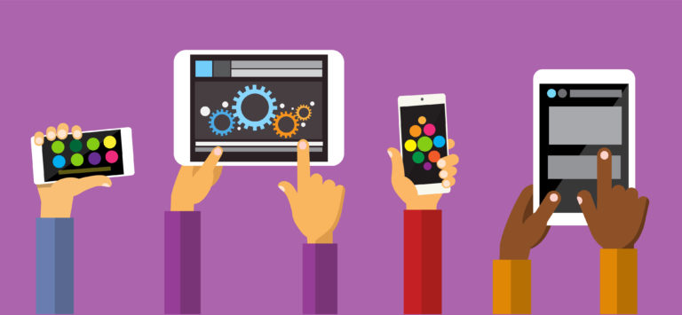 Cartoon style images of four people holding up mobile devices, including mobile phones and tablets