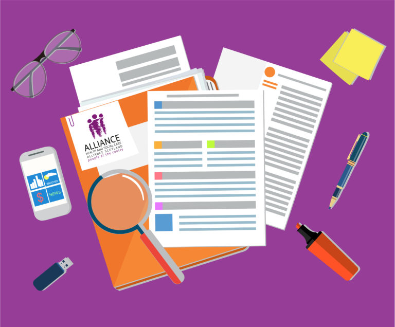 Overhead illustration of a desk scene featuring folders, sheets of paper and various stationery