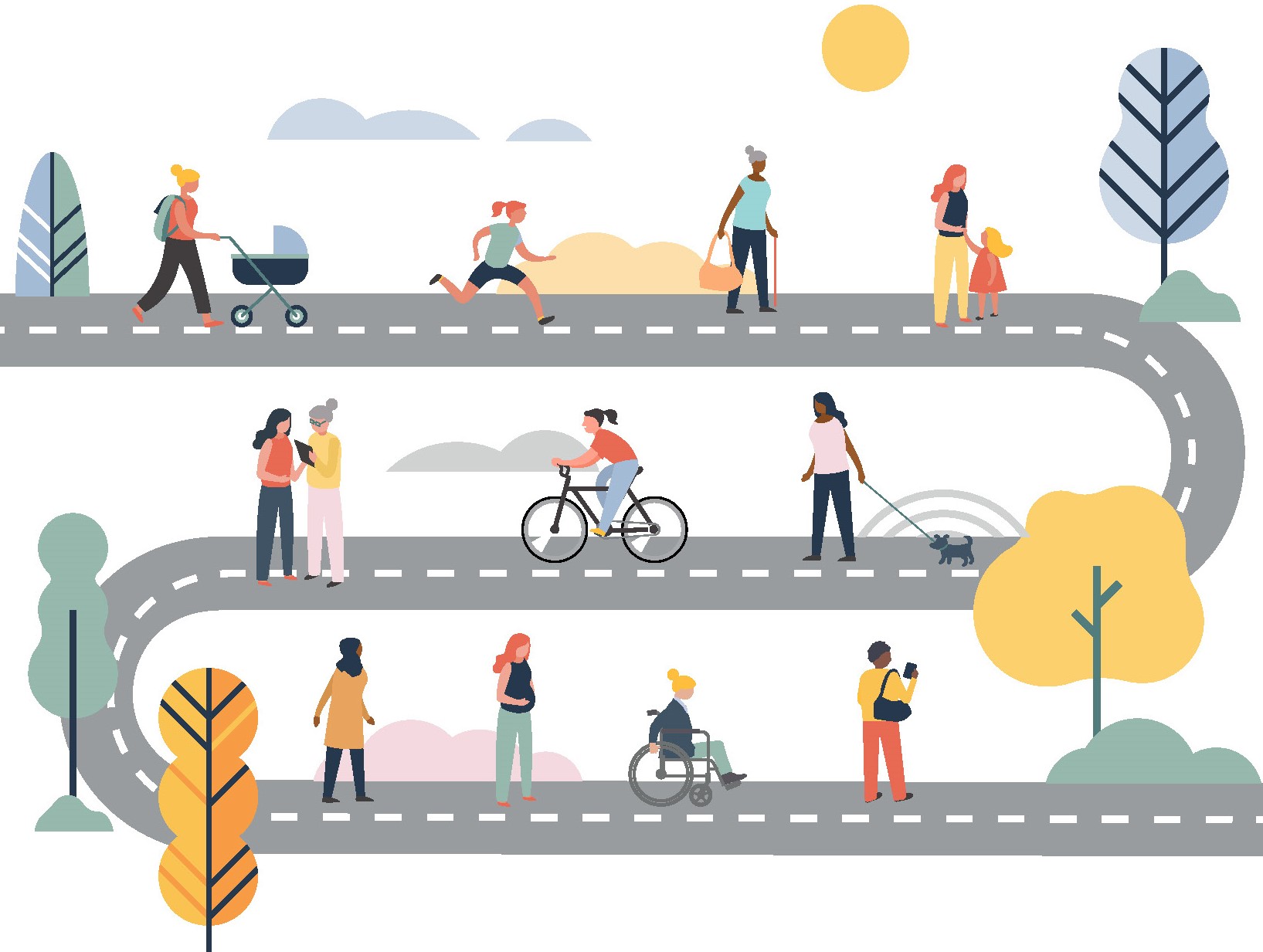 Illustration of people outside cycling and walking.