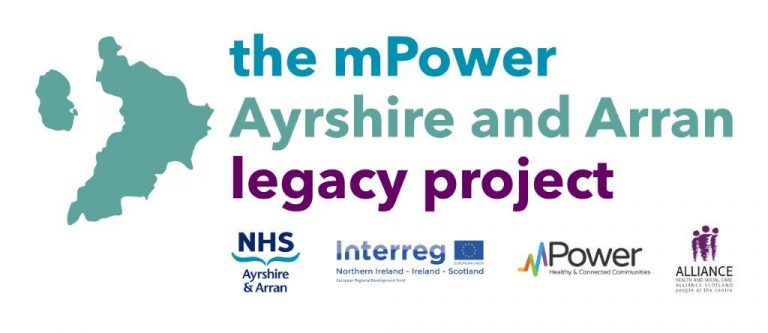 the mPower Ayrshire and Arran legacy project. There is a map of Scotland to the left the to the right the project title takes up most of the page. Below this is the NHS logo, interreg logo, mPower logo and the ALLIANCE logo