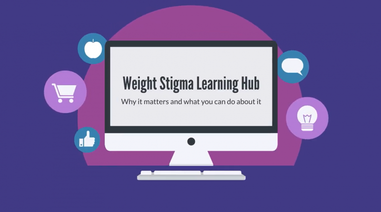 Graphic of a desktop computer with text reading: 'Weight Stigma Learning Hub. Why it matters and what you can do about it.' The computer is set against a purple background.