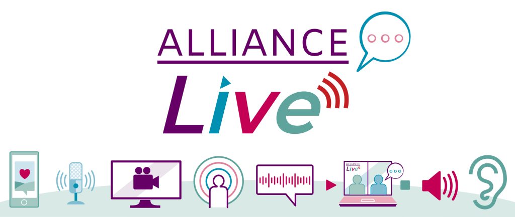 Banner with white background with related to ALLIANC Live activity running across the bottom such as laptop screens and speech bubbles