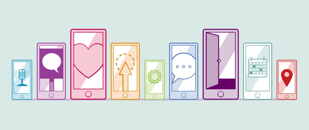 A series of phones showing different screen savers.