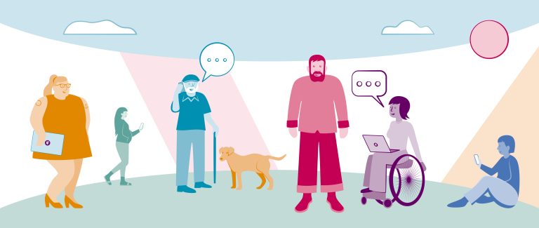 Graphic with a group of people of all ages walking, talking, sitting down and being together.
