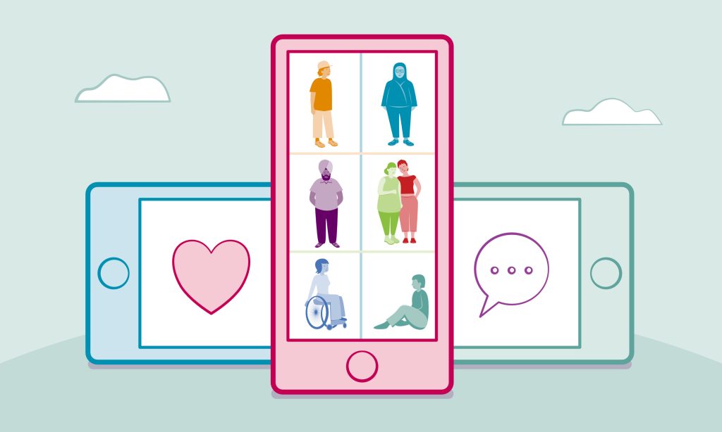 3 phones with the screens showing a heart, a speech bubble and people.