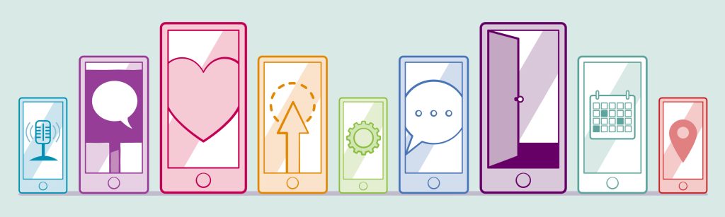 A series of phones showing different screen savers.
