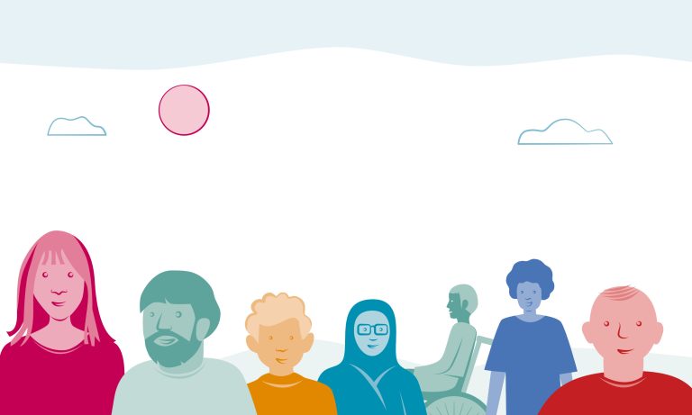A graphic of a group of people of all ages talking, walking and being together