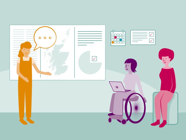 Three cartoon women, one in a wheelchair, gathered around report graphics on the wall discussing the findings.