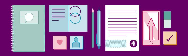 Graphic image of notebook, papers, stationary and mobile phone.