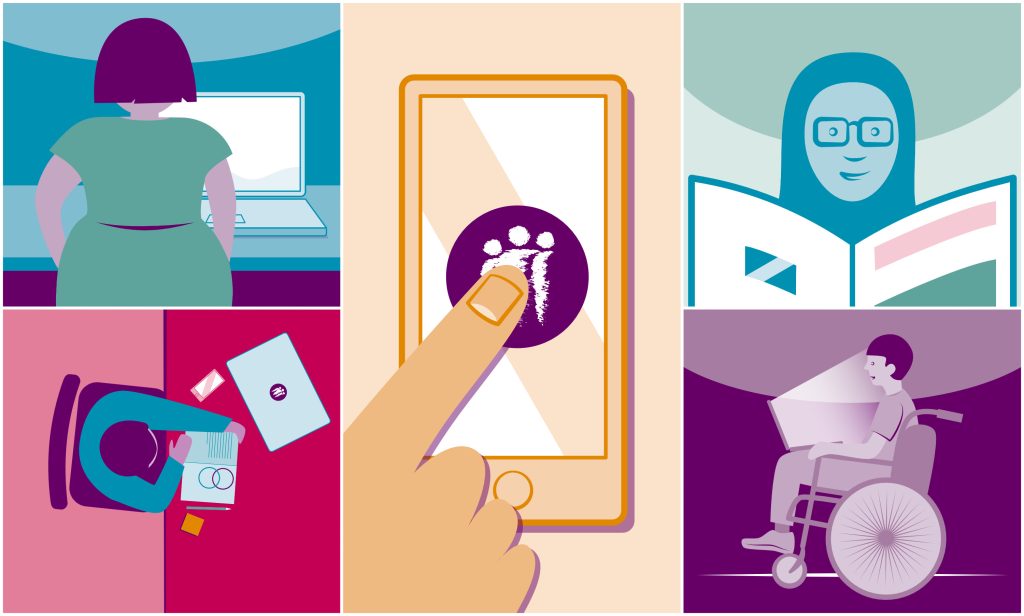 A collection of graphics showing people working at laptops a person at a desk, a person reading a magazine and a finger clicking on a phone.