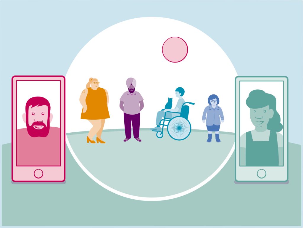 Colourful illustration of people standing and sitting together, with some people on mobile phones.
