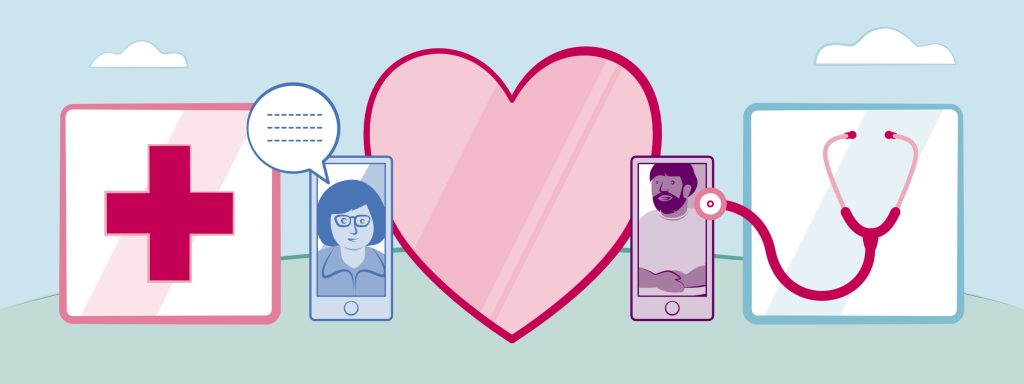 A graphic showing a large central heart with 2 phones on either side. One phone shoes a man with a stethoscope and the other phone shows a woman with the medical cross who is talking.