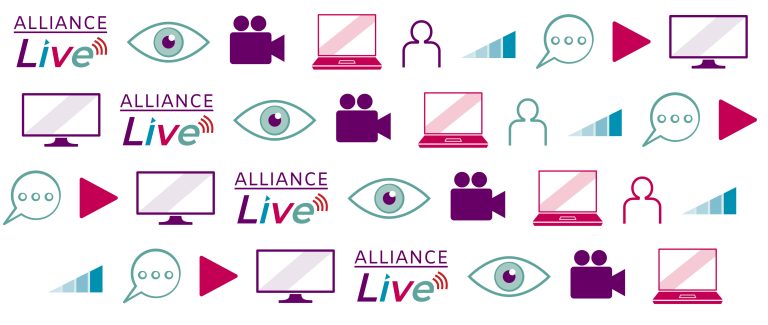 Across a banner with white background, images of cameras, eyes, volume and play icons descend diagonally.