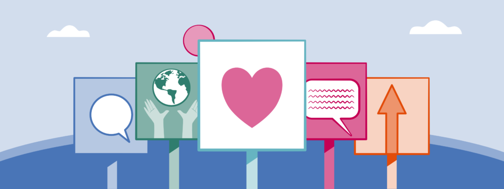 A series of banners including speech bubbles, a globe, a heart and upwards arrow.