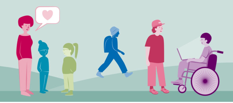 An illustration of 6 people. The group on the left consists of an adult speaking to two younger people. On the right, a young person is speaking to someone in a wheelchair. In the middle, a person is walking up the hill.