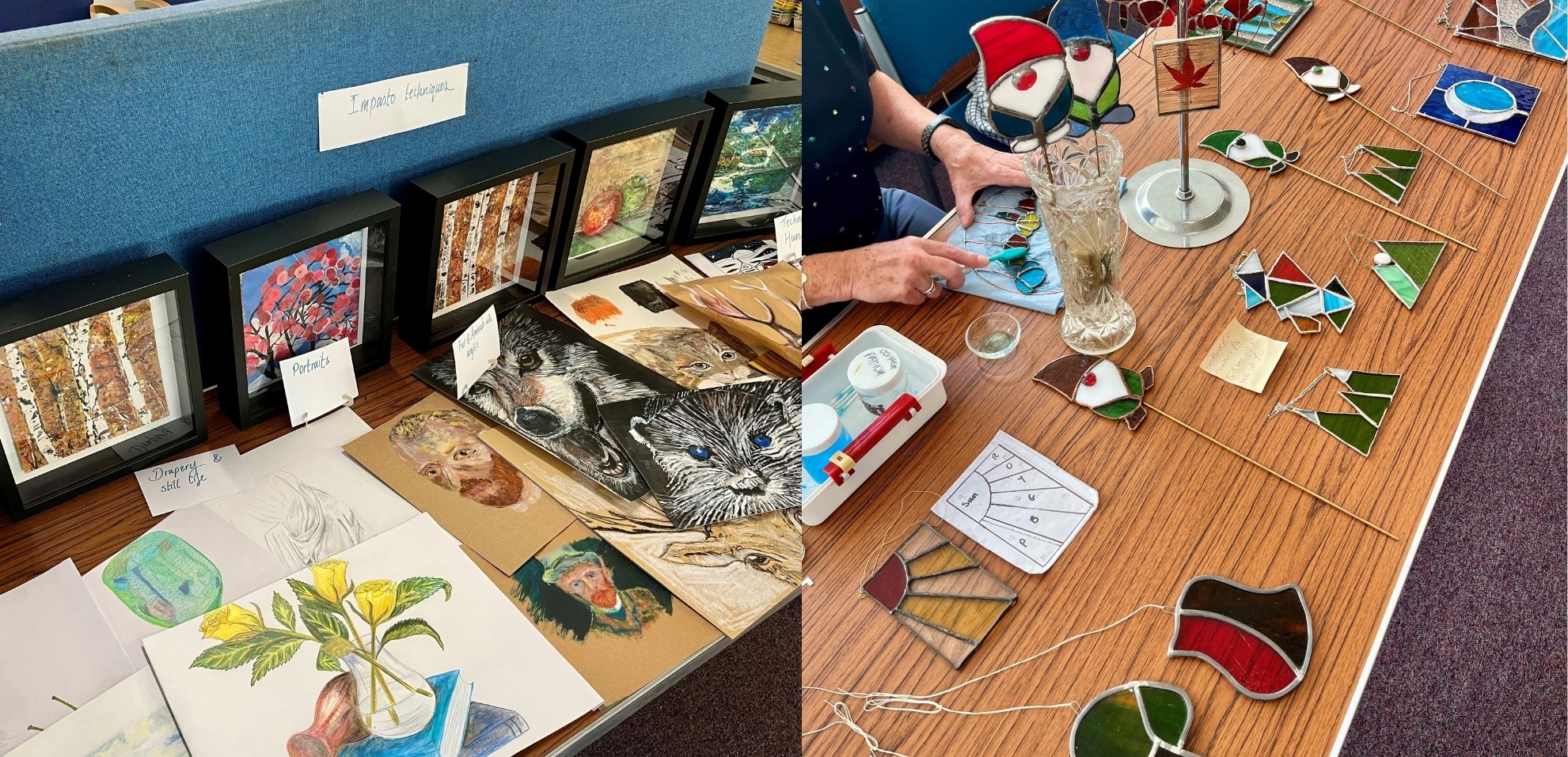 Collage of two images. Image on the left shows a table covered in colourful drawings and paintings. Image on the right shows a table covered in stained glass artwork. 