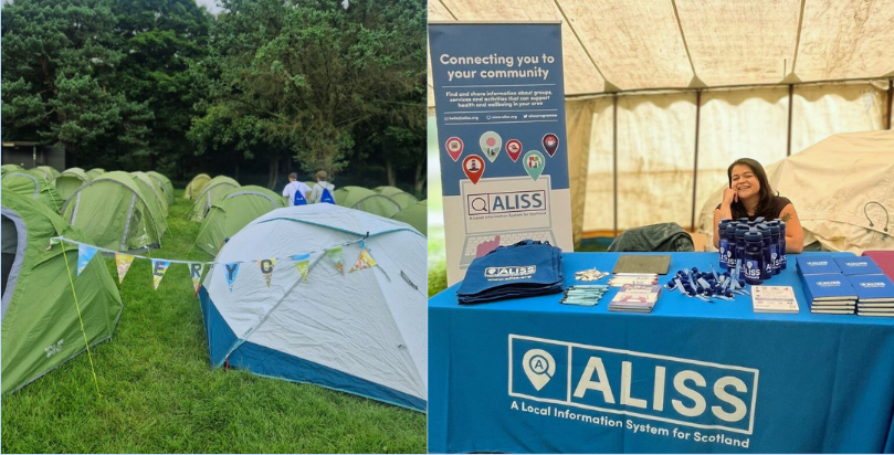 Split image showing two scenes. On the left, a group of green and blue tents set up on a grassy field, with a colourful bunting banner reading ERYC. On the right, the ALISS Engagement Officer sitting behind an information stall for ALISS, which is covered in blue materials including water bottles, leaflets, pens, and brochures. A standing banner behind her reads "Connecting you to your community." The stall is set up inside a large marquee.