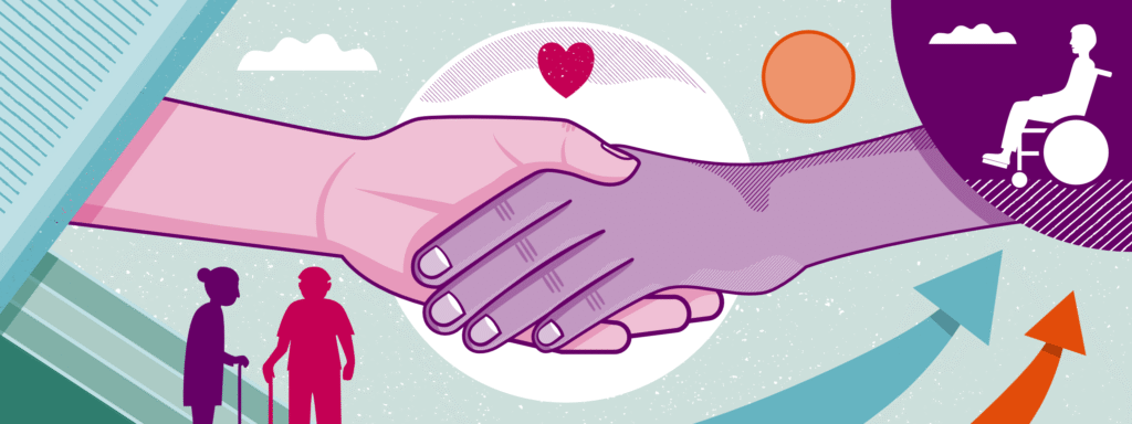 Graphic of two hands holding each other.