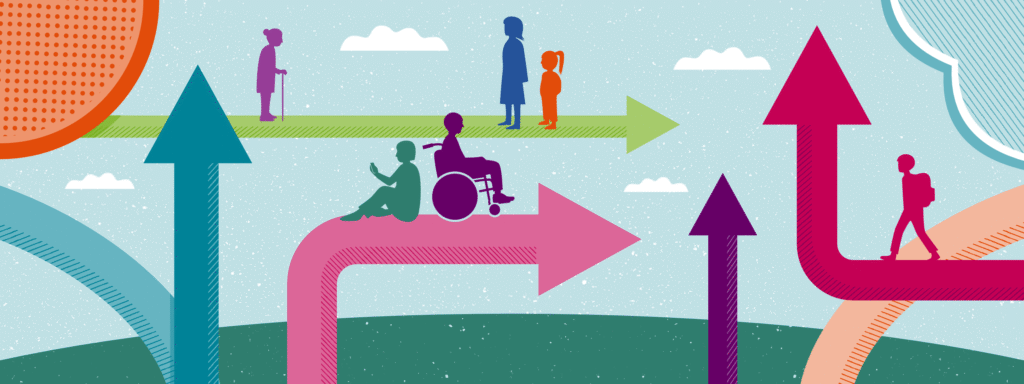 Illustration depicting diverse individuals, including elderly people, people with disabilities, and children, moving along colourful arrows pointing in various directions.