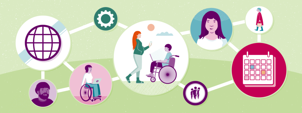 A visual representation of networking and support, featuring icons of a globe, gears, people in wheelchairs using laptops, a calendar. All connected by lines on a light green background.
