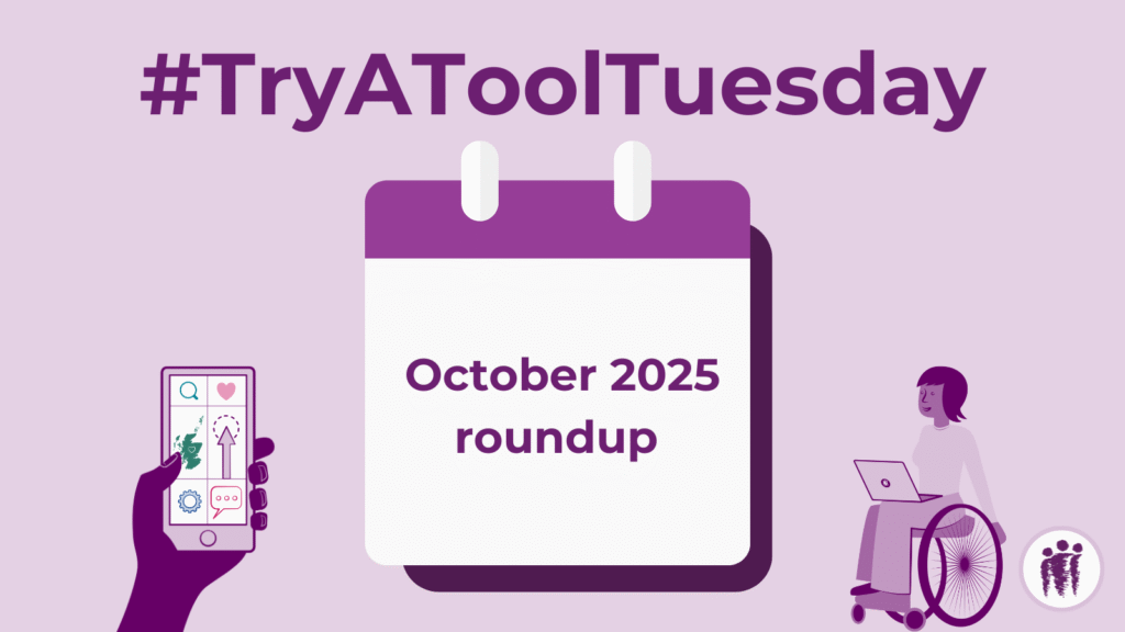 Purple themed graphic of a hand holding a phone and a lady wheelchair user on her laptop