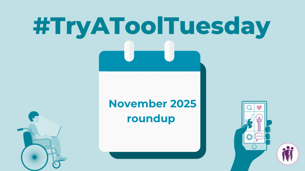 Blue themed graphic with a wheelchair user on a laptop and a phone in a hand