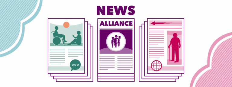 Graphic with a green, purple and pink newspaper. Text on the top reads: News, ALLIANCE.