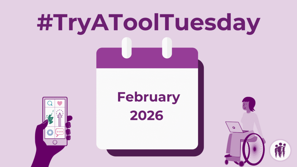 Purple themed graphic with a notepad, a hand holding a phone and a woman wheelchair user on a laptop