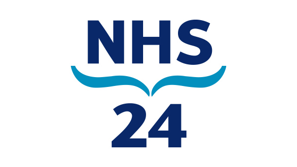 NHS 24 Logo: Features the letters NHS in dark blue above the number 24, also in dark blue